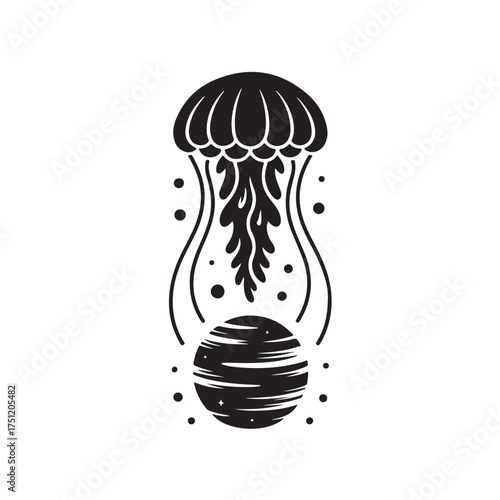 Jellyfish and planet, cosmic, abstract, isolated on white background
