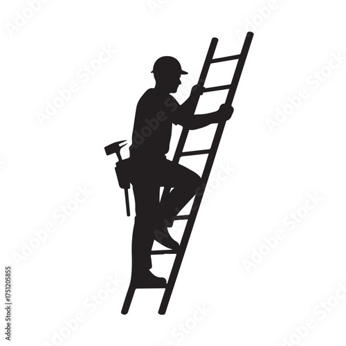 Silhouette of a construction worker climbing a ladder with tools isolated on white background