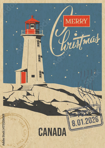 Merry Christmas Canada Attraction Greeting Card. Cape Mudge Lighthouse Popular Place Illustration, Vector Template Retro Style Postcard. Postal Imprint, Aged Paper Texture, Snow