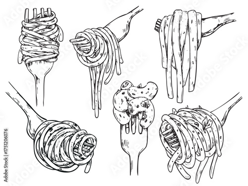 Set of hand drawn various pasta, spaghetti and macaroni with fork outline drawing illustration