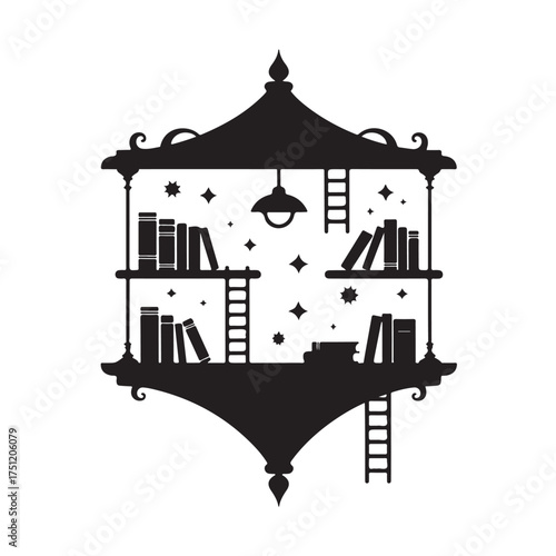 Silhouette of a fantastical bookshelf with ladders and books, isolated on white background