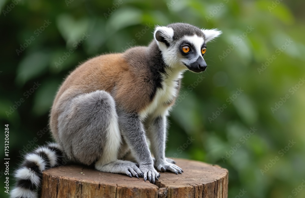 Fototapeta premium Lemur catta sits on tree stump. Lemur grey, brown fur with white face. Long black, white tail. Yellow eyes. Green leaves in background. Ring-tailed lemur in natural habitat. Madagascar endemic