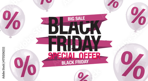Black Friday Big Sale Banner with Discount Balloons and Pink Stripes