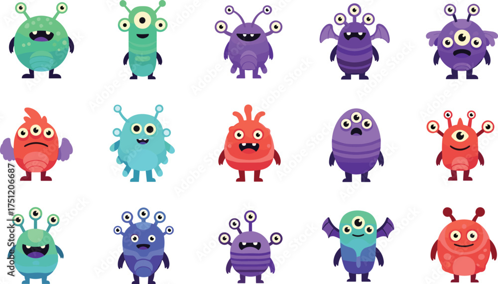 Fototapeta premium Colorful cartoon monster collection, playful character set, cute fantasy creatures, kids design elements, whimsical icons for creative and educational use