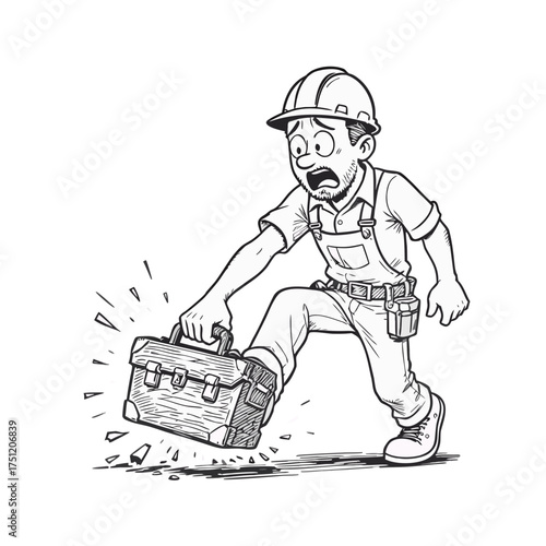Construction worker stumble: A construction worker trips over a toolbox, causing him to react to the incident. This cartoon image captures the humor and relatable nature of everyday life.
