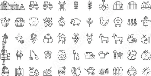 Farm life icons, agriculture symbols, rural tools, animals, crops, farming equipment, black and white line art, vector set