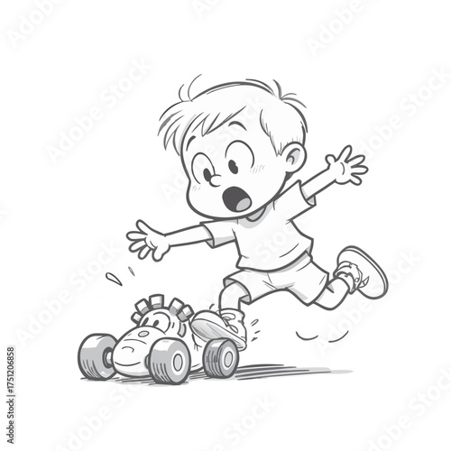 Oops! What a Mess! : A playful cartoon captures a moment of childhood chaos, featuring a surprised child stumbling over his toy car, his wide eyes and outstretched arms mirroring the comical tumble.