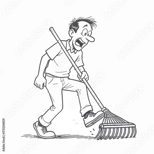 Oops! Moment: A cartoon depicts a comical mishap, with an individual stepping on a rake and experiencing a humorous predicament, an illustration of unexpected consequences and amusing situations.