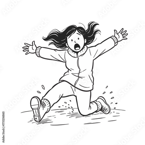 Fearful run: A girl with a shocked expression slips as she runs, with outstretched arms and wide eyes showing panic in this monochrome sketch.