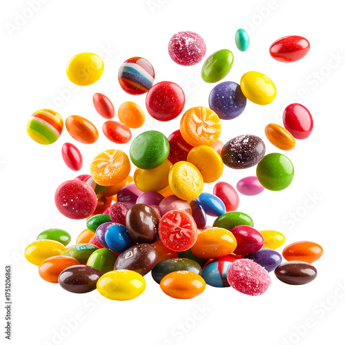 A dynamic shot captures a cascade of assorted, colorful candies mid-air, close-up view