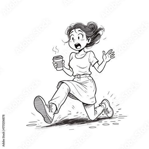 Rushing Moment with Coffee: A person in a hurry, clutching a takeaway coffee cup, is captured mid-stride, embodying urgency and the need for caffeine.