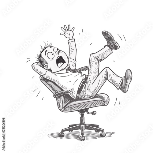 Falling Down at Work: A comic illustration captures a moment of unexpected surprise, a man tumbles backward in his office chair, reacting to a sudden situation.