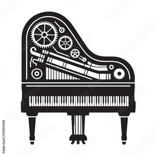 Steampunk grand piano with gears and intricate mechanical details, isolated on white background