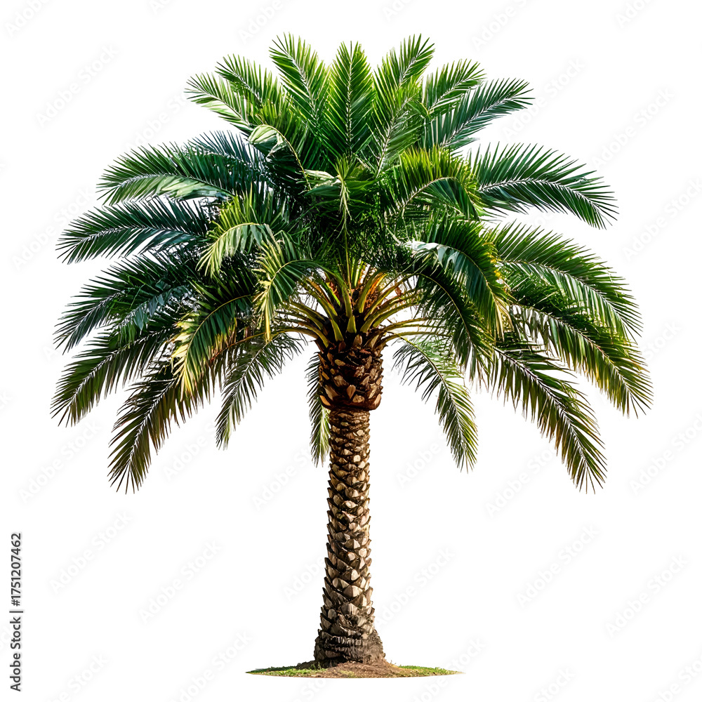 Obraz premium Isolated palm tree with dark green fronds and a rough, brown trunk against a black background