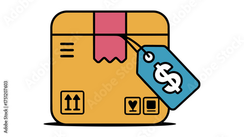 Illustration of a cardboard box with a price tag isolated on white background