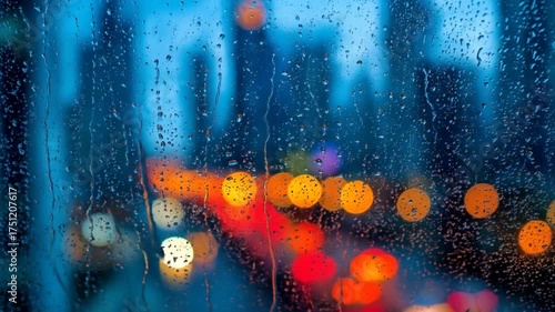 Rainy cityscape through window