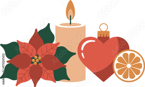 Christmas still life with poinsettia, candle, heart ornament, and orange slice