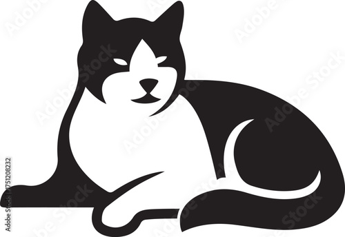 Stylized cat lying down black and white design, Relaxed feline animal vector illustration