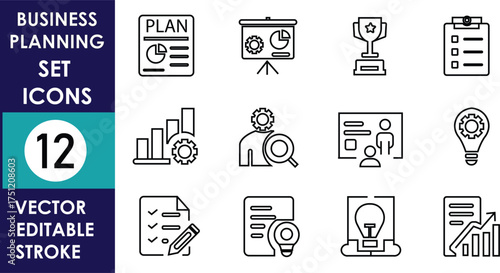 A clean business planning icon set with 12 editable stroke vector icons, including charts, trophies, ideas, checklists, and presentations for professional design use