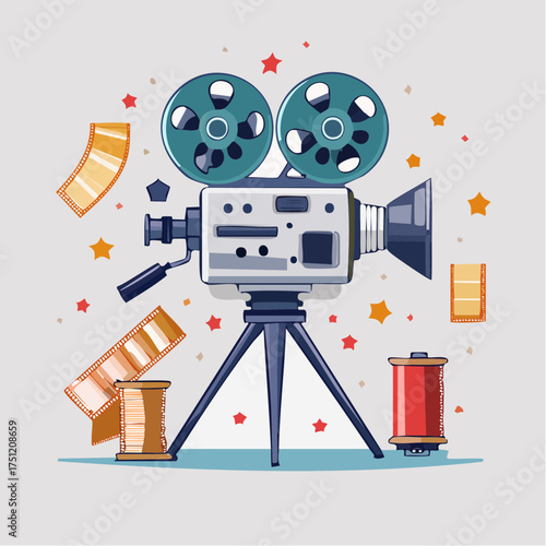 A colorful illustration of a vintage movie camera on a tripod with film reels and stars on a plain