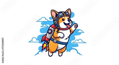 Corgi in Flight: A charming corgi dog, sporting a vintage aviator helmet and a rocket pack, soars through the sky amidst fluffy clouds, embarking on an imaginative adventure.
