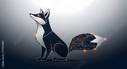 Digital Fox Illustration: A sleek, stylized digital fox, with a futuristic circuit board tail and glowing eyes, is depicted in a modern and clean illustration.