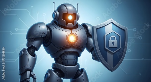 Cybernetic Protector: A futuristic robot stands firm, holding a shield adorned with a secure lock, symbolizing data protection and cyber security in a digital world.