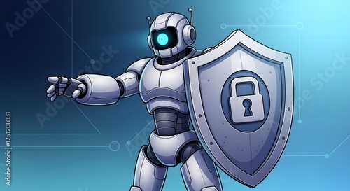 Digital Guardian: A stoic robot stands vigilant, a shield emblazoned with a secure padlock held protectively. Its stance exudes power and technological advancement.