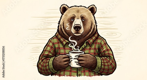 Bear Enjoying Coffee: A cartoon bear, looking thoughtful and relaxed, enjoys a steaming cup of coffee, clad in a lumberjack-style shirt against a wood-grain background.