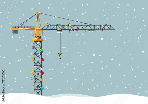 Construction crane decorated with lights in snowy winter landscape  