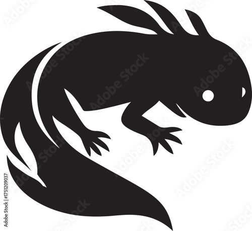 Stylized axolotl with feathery gills design, Black amphibian salamander vector illustration