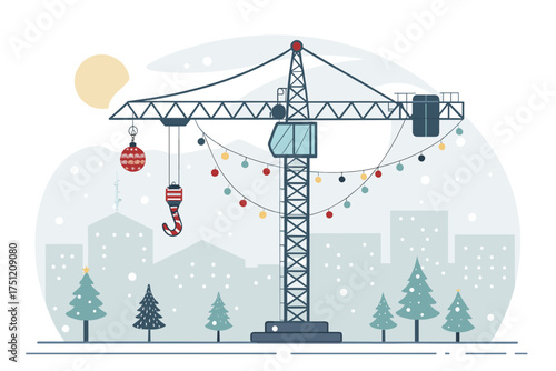 Crane decorated with holiday ornaments in snowy cityscape  