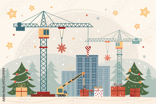Christmas holiday construction site with cranes and gifts  