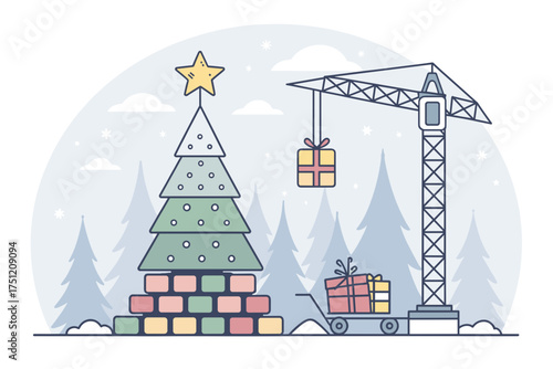 Christmas tree with presents being lifted by a crane in winter  