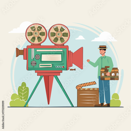 A cartoon filmmaker standing next to a vintage movie camera and film clapboard outdoors