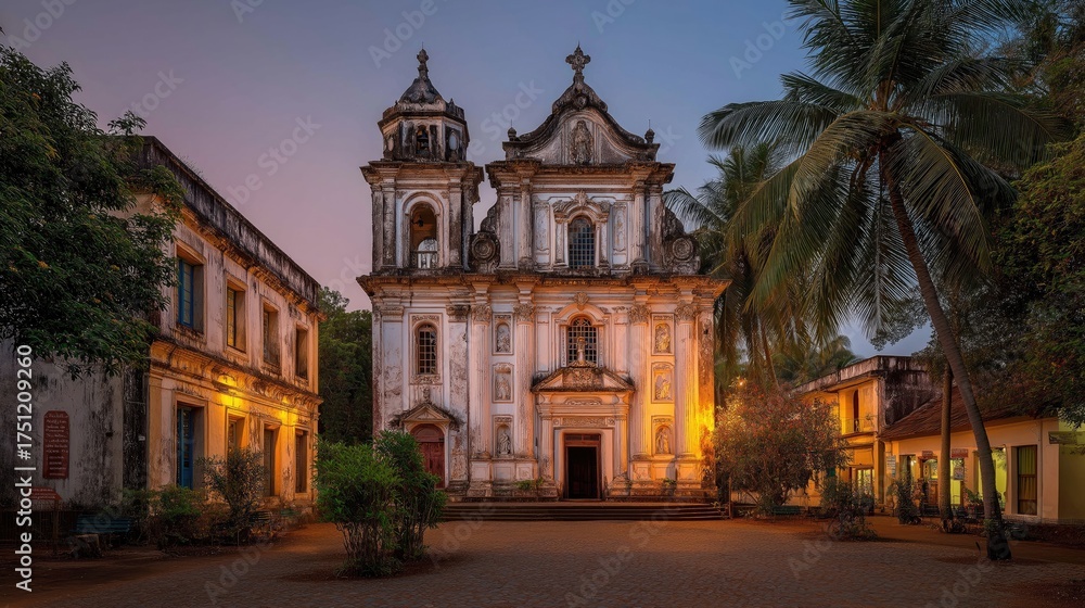 Fototapeta premium old Goa Portuguese colonial church with baroque façade, warm lighting