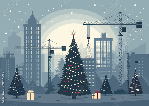 Urban Christmas scene with decorated tree and construction cranes  