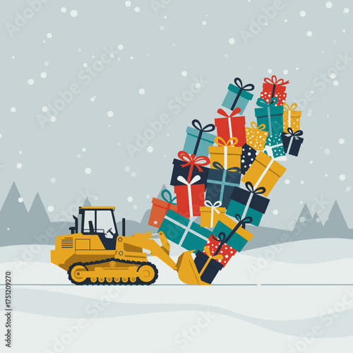 Bulldozer pushing stacked Christmas gifts in snowy winter landscape  
