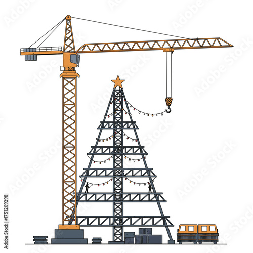Crane building a Christmas tree from steel beams in a city environment  
