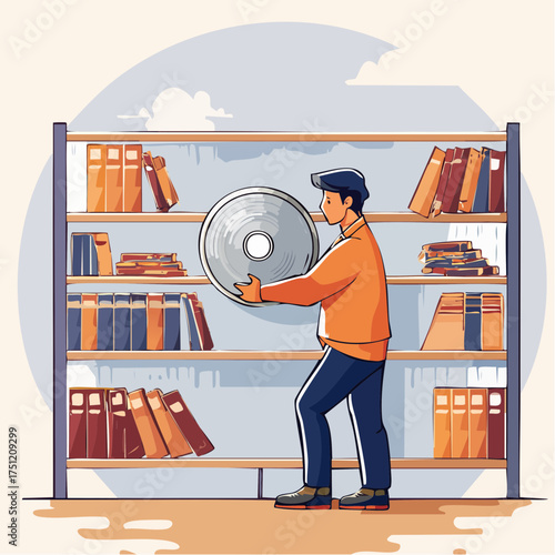 Cartoon man holding a vinyl record in front of a bookshelf with books