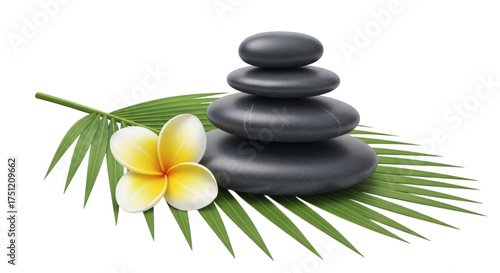 Stacked stones and flower on palm leaf isolated on a transparent background rocks balanced
