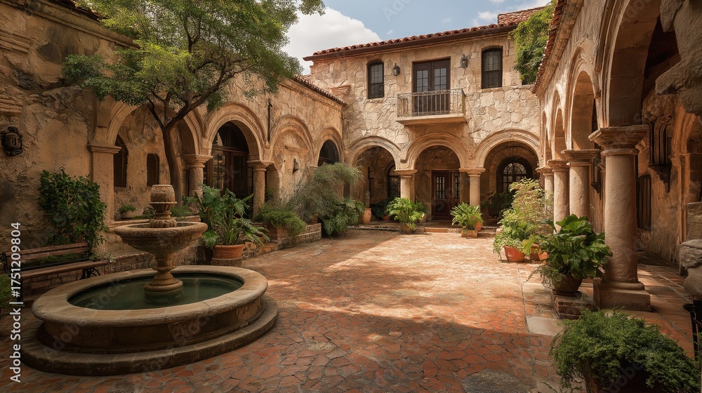 Fototapeta premium Spanish colonial courtyard with arches, stone fountains, and terracotta tiles