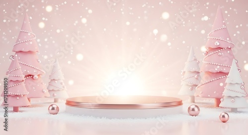 Elegant christmas background with pink and white trees, snow, and a podium for product display isolated on white background, creating a festive and luxurious scene