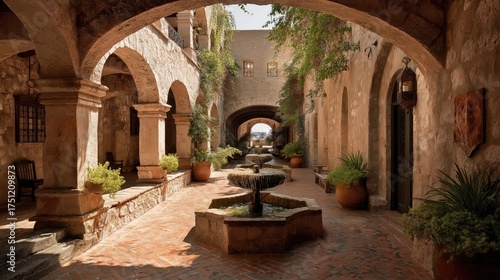 Spanish colonial courtyard with arches, stone fountains, and terracotta tiles