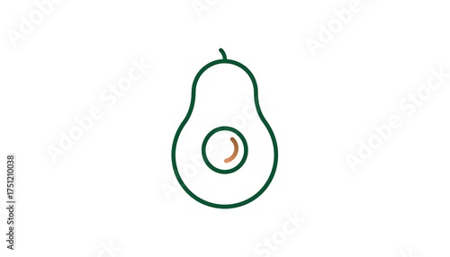 A simplified, line-drawn depiction of an avocado. The fruit is outlined in a dark green hue, featuring a brown seed in the center. A small stem rests atop