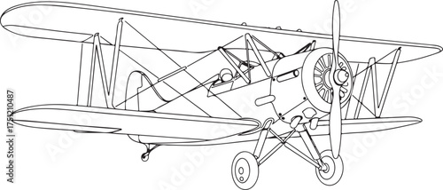 Vintage Biplane Aircraft Line Art Drawing