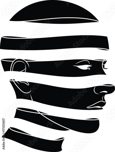 Abstract black and white silhouette of a sliced human face revealing inner structure and features