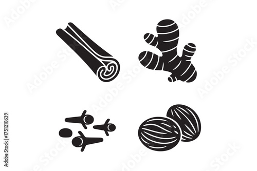 Four common spices depicted as black and white illustrations