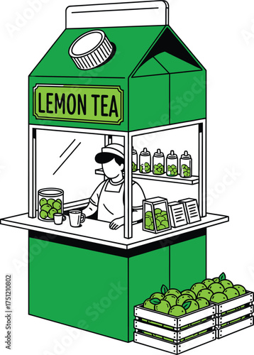 A charming hand drawn illustration of a lemon tea stand with a vendor serving fresh beverages and lemons
