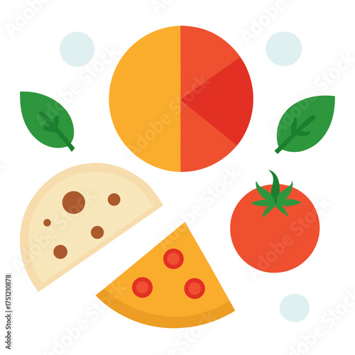 Pizza ingredients flat lay with cheese and basil vector illustration